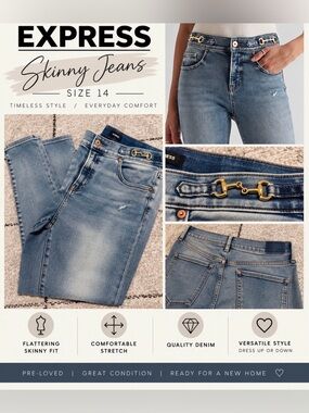 Express Light Blue Skinny Jeans with Gold Chain Accent